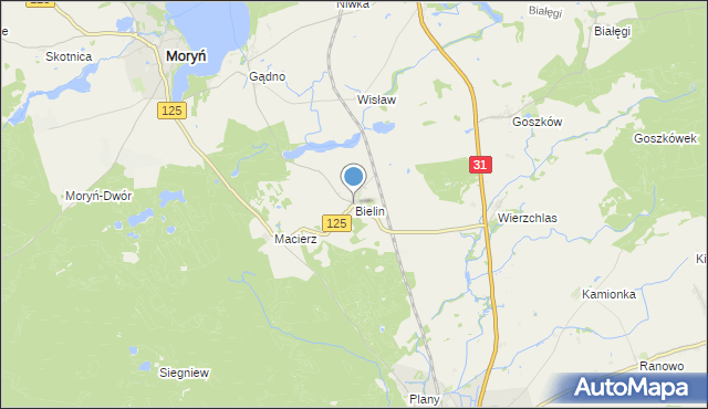 mapa Bielin, Bielin gmina Moryń na mapie Targeo