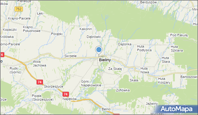 mapa Bieliny, Bieliny powiat kielecki na mapie Targeo