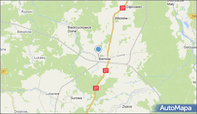 mapa Bieniów, Bieniów gmina Żary na mapie Targeo