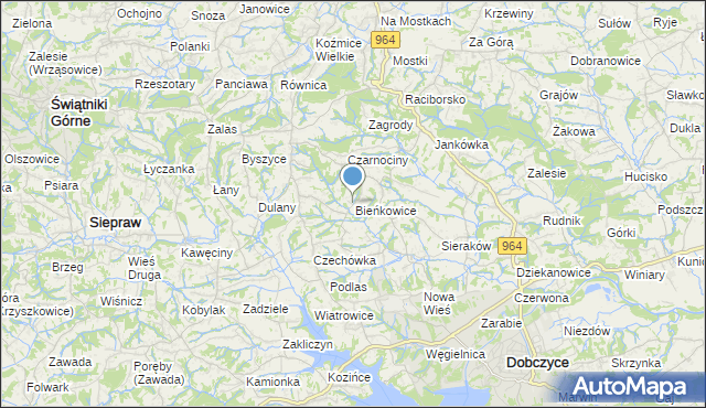 mapa Bieńkowice, Bieńkowice gmina Dobczyce na mapie Targeo