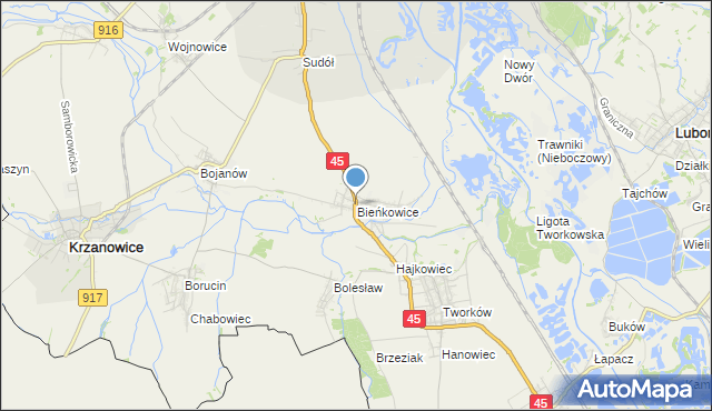 mapa Bieńkowice, Bieńkowice gmina Krzyżanowice na mapie Targeo
