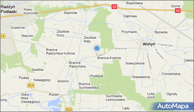 mapa Branica-Kolonia, Branica-Kolonia gmina Wohyń na mapie Targeo