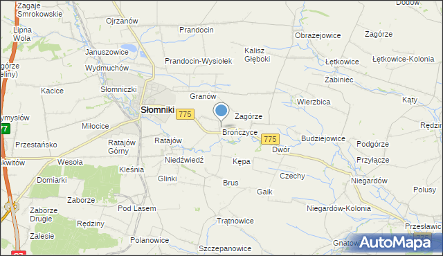 mapa Brończyce, Brończyce gmina Słomniki na mapie Targeo