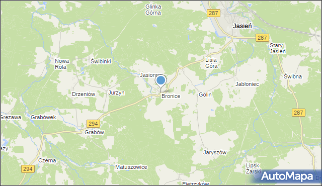 mapa Bronice, Bronice gmina Jasień na mapie Targeo