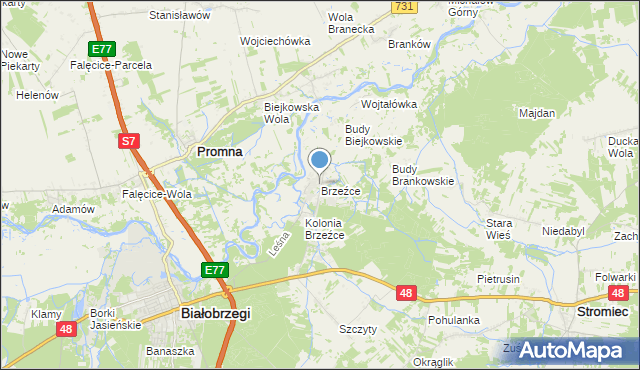 mapa Brzeźce, Brzeźce gmina Białobrzegi na mapie Targeo