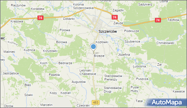 mapa Brzezie, Brzezie gmina Szczerców na mapie Targeo