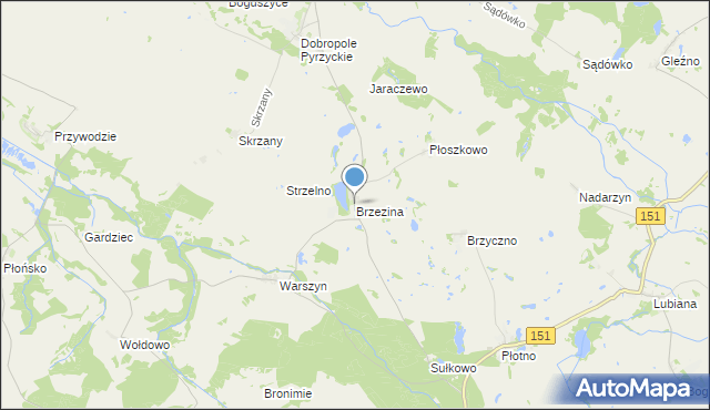 mapa Brzezina, Brzezina gmina Dolice na mapie Targeo