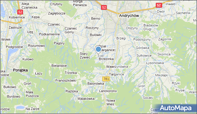mapa Brzezinka, Brzezinka gmina Andrychów na mapie Targeo