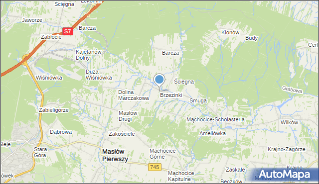 mapa Brzezinki, Brzezinki gmina Masłów na mapie Targeo