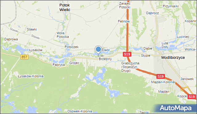 mapa Brzeziny, Brzeziny gmina Modliborzyce na mapie Targeo