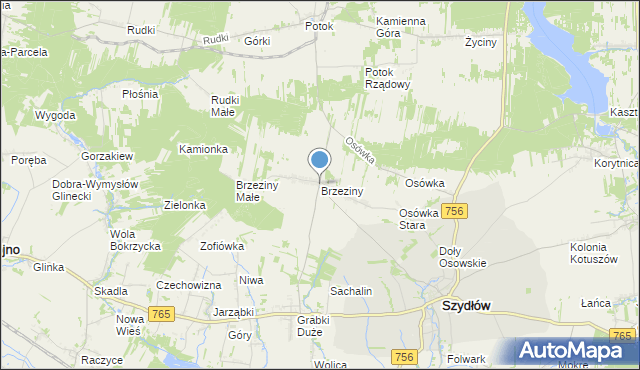 mapa Brzeziny, Brzeziny gmina Szydłów na mapie Targeo