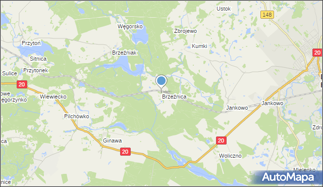 mapa Brzeźnica, Brzeźnica gmina Węgorzyno na mapie Targeo