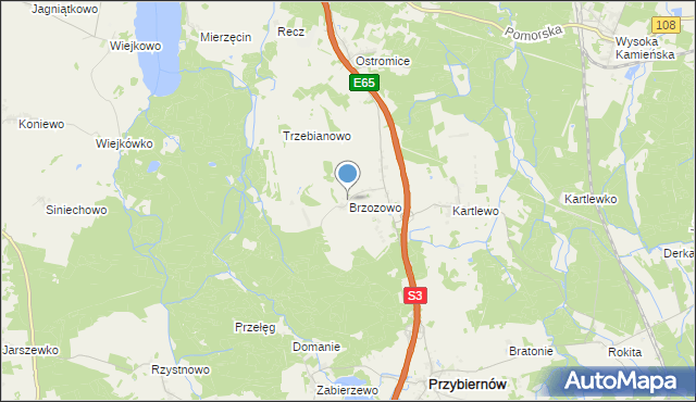 mapa Brzozowo, Brzozowo gmina Przybiernów na mapie Targeo