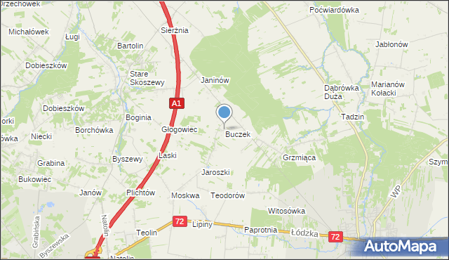 mapa Buczek, Buczek gmina Brzeziny na mapie Targeo