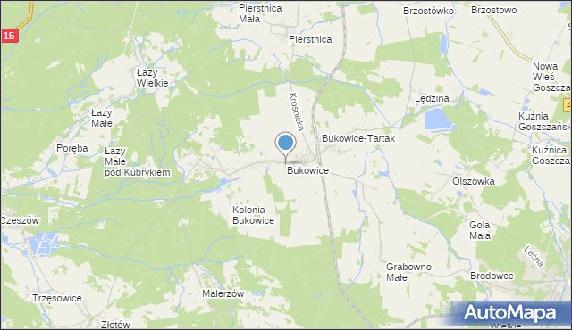 mapa Bukowice, Bukowice gmina Krośnice na mapie Targeo