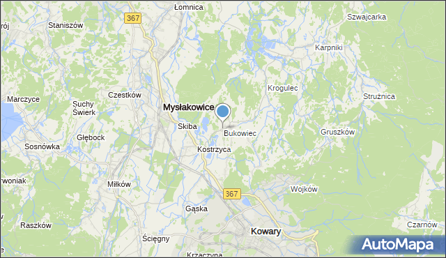 mapa Bukowiec, Bukowiec gmina Mysłakowice na mapie Targeo