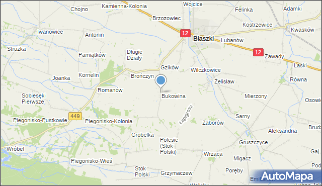 mapa Bukowina, Bukowina gmina Błaszki na mapie Targeo