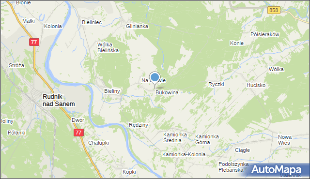 mapa Bukowina, Bukowina gmina Ulanów na mapie Targeo