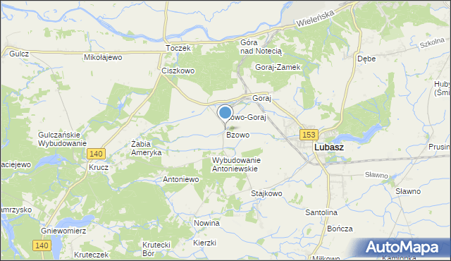 mapa Bzowo, Bzowo gmina Lubasz na mapie Targeo