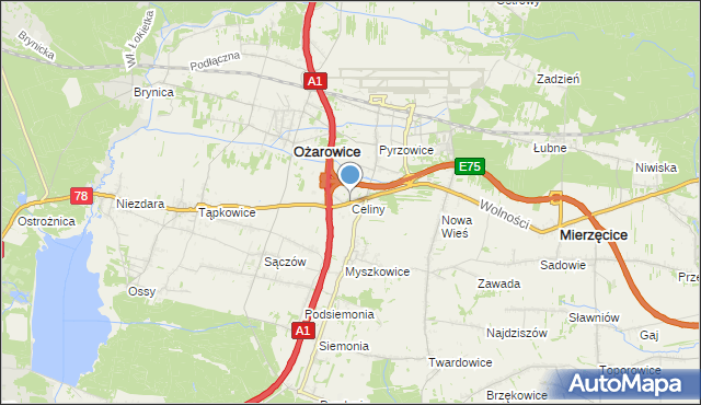 mapa Celiny, Celiny gmina Ożarowice na mapie Targeo