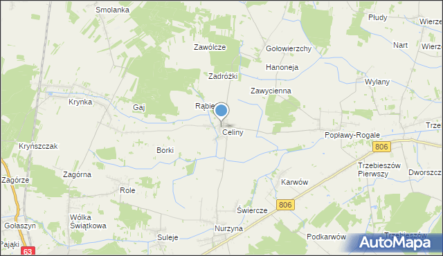 mapa Celiny, Celiny gmina Trzebieszów na mapie Targeo