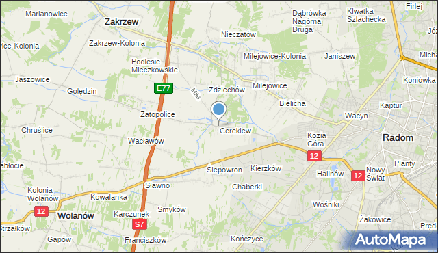 mapa Cerekiew, Cerekiew gmina Zakrzew na mapie Targeo