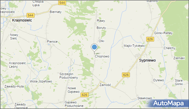mapa Chojnowo, Chojnowo gmina Sypniewo na mapie Targeo