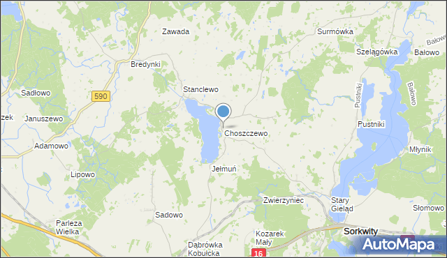 mapa Choszczewo, Choszczewo gmina Sorkwity na mapie Targeo