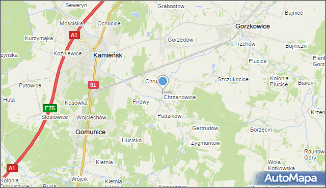 mapa Chrzanowice, Chrzanowice gmina Gomunice na mapie Targeo