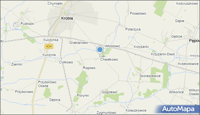 mapa Chwałkowo, Chwałkowo gmina Krobia na mapie Targeo
