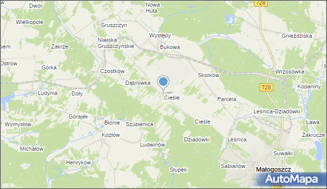 mapa Cieśle, Cieśle gmina Krasocin na mapie Targeo