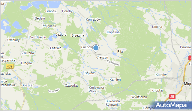 mapa Cieszyna, Cieszyn gmina Sośnie na mapie Targeo