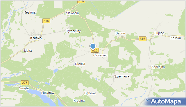 mapa Ciosaniec, Ciosaniec gmina Sława na mapie Targeo