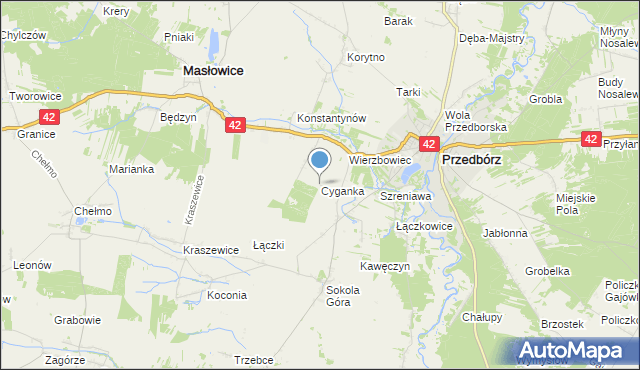 mapa Cyganka, Cyganka gmina Masłowice na mapie Targeo