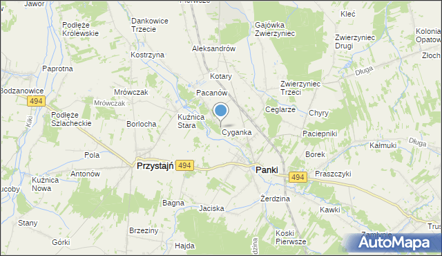 mapa Cyganka, Cyganka gmina Panki na mapie Targeo