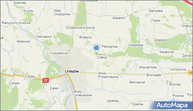 mapa Czekaj, Czekaj gmina Uniejów na mapie Targeo