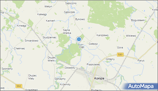 mapa Dąb, Dąb gmina Korsze na mapie Targeo