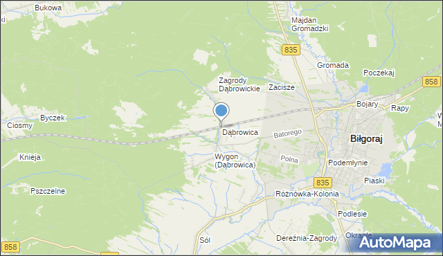 mapa Dąbrowica, Dąbrowica gmina Biłgoraj na mapie Targeo