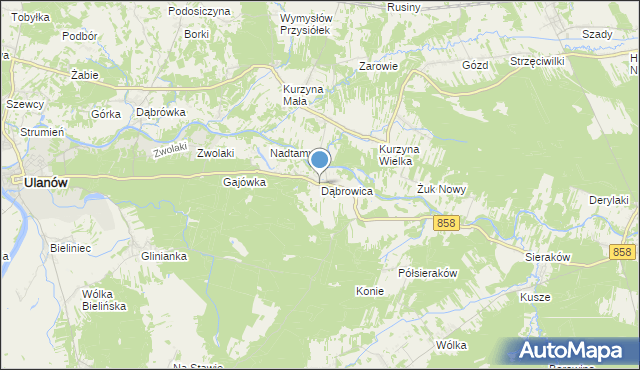 mapa Dąbrowica, Dąbrowica gmina Ulanów na mapie Targeo