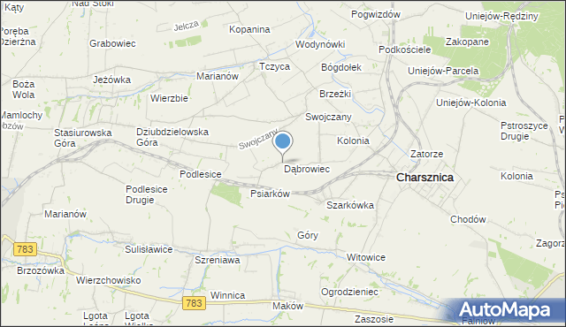 mapa Dąbrowiec, Dąbrowiec gmina Charsznica na mapie Targeo