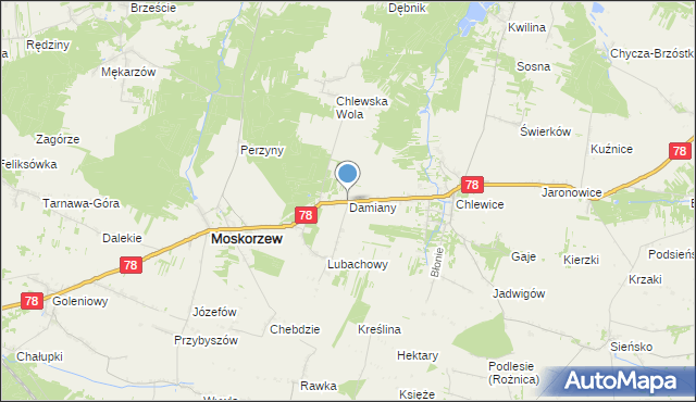 mapa Damiany, Damiany gmina Moskorzew na mapie Targeo