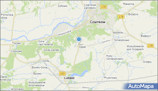 mapa Dębe, Dębe gmina Lubasz na mapie Targeo