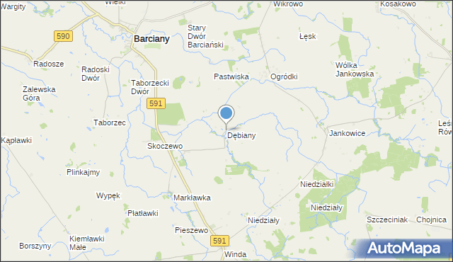 mapa Dębiany, Dębiany gmina Barciany na mapie Targeo