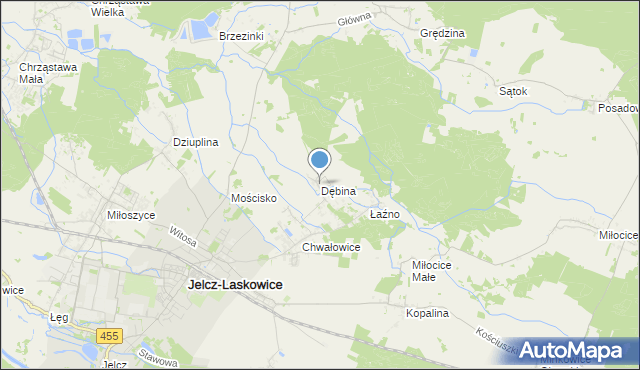 mapa Dębina, Dębina gmina Jelcz-Laskowice na mapie Targeo