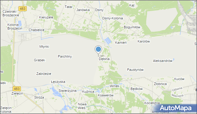 mapa Dębina, Dębina gmina Kleszczów na mapie Targeo