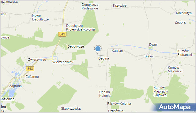 mapa Dębina, Dębina gmina Leśniowice na mapie Targeo