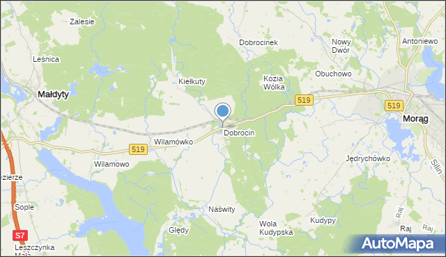 mapa Dobrocin, Dobrocin gmina Małdyty na mapie Targeo