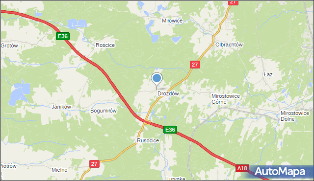 mapa Drozdów, Drozdów gmina Żary na mapie Targeo