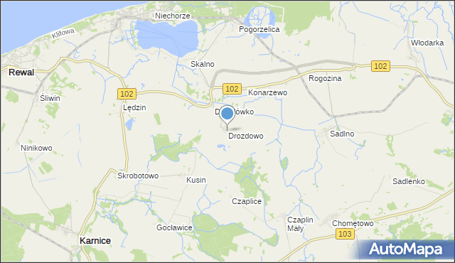 mapa Drozdowo, Drozdowo gmina Karnice na mapie Targeo