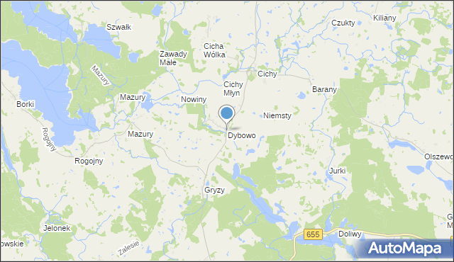 mapa Dybowo, Dybowo gmina Świętajno na mapie Targeo